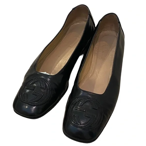 Gucci black flat pumps ballet square toe interlocking GG 8.5 leather